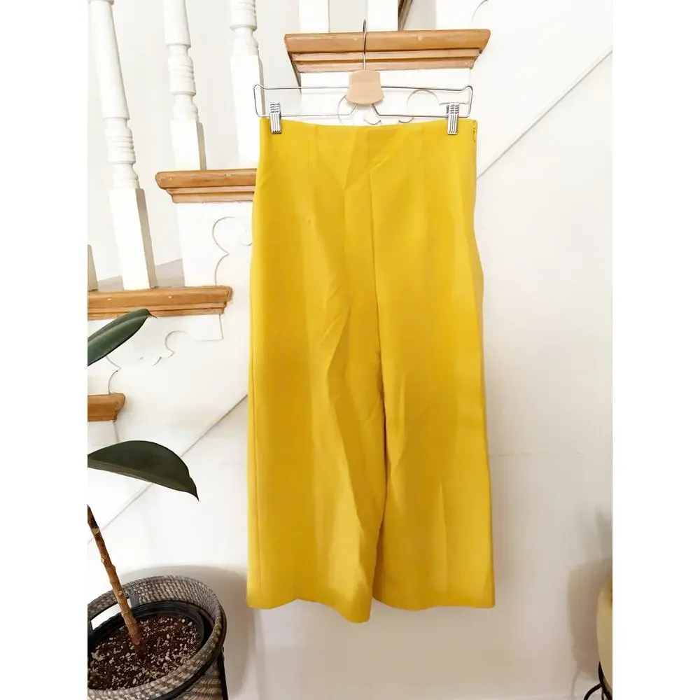 Zara High Waisted Wide Leg Cropped Pants Yellow Side Zip Trouser Size M - Picture 2 of 8
